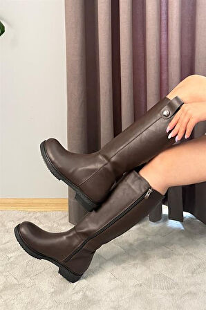 Kadın Koyu Kahve Günlük Çizme Dizaltı Fermuarlı Çizme