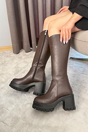 Kadın Koyu Kahve 8 cm Topuklu Yandan Fermuarlı Çizme
