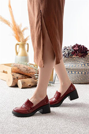 Kadın Bordo Rugan 6 cm Topuklu Lofer Ayakkabı