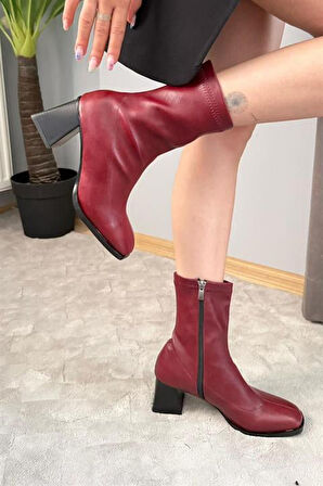 Kadın Bordo Bot 7 cm Kalın Topuklu Streç Boots