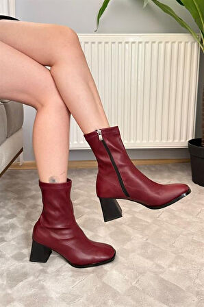 Kadın Bordo Bot 7 cm Kalın Topuklu Streç Boots
