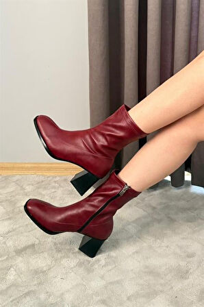 Kadın Bordo Bot 7 cm Kalın Topuklu Streç Boots