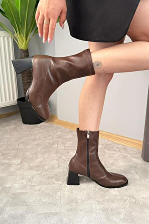 Kadın Kahverengi Bot 7 cm Kalın Topuklu Streç Boots