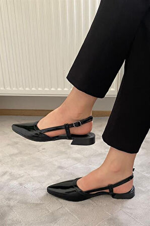 Kadın Tena Siyah Rugan Arkası Acık Sivri Burun Günlük Babet