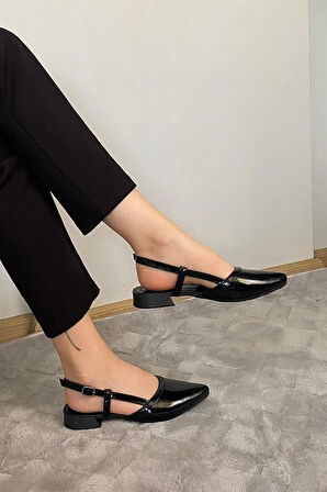 Kadın Tena Siyah Rugan Arkası Acık Sivri Burun Günlük Babet