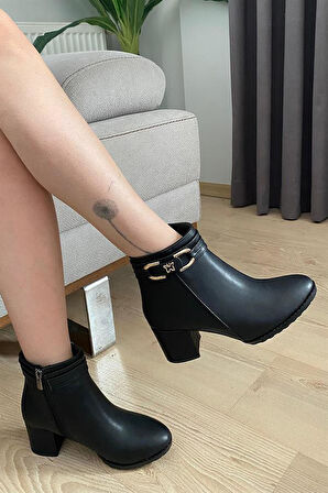 Kadın Siyah Cilt Kelebek Tokalı ( 6 cm ) Topuklu Oval Burun Bot