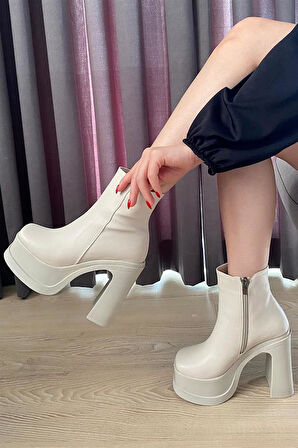 Kadın Krem 12 cm Platform Topuklu Fermuarlı Bot