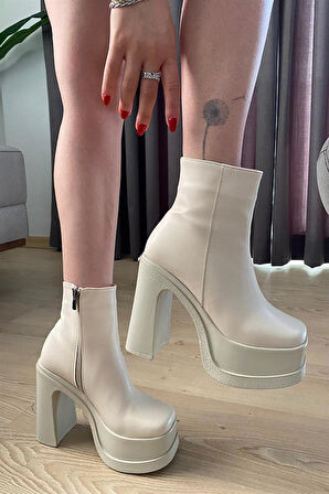 Kadın Krem 12 cm Platform Topuklu Fermuarlı Bot