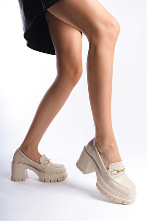 Kadın Krem Cilt İnce Toka 8 cm Topuklu Platformlu Ayakkabı