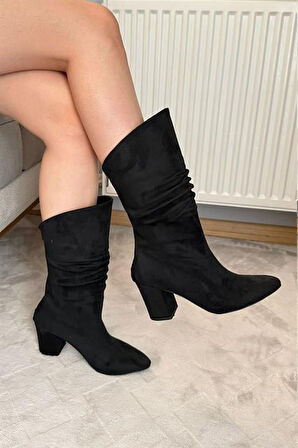 Kadın Saşa Körüklü Arkadan Fermuarl Kalın Topuklu Sivri Burun Orta Boy Çizme