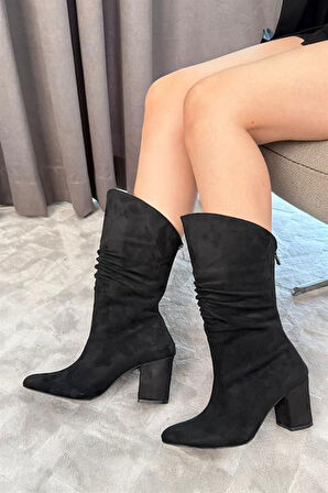 Kadın Saşa Körüklü Arkadan Fermuarl Kalın Topuklu Sivri Burun Orta Boy Çizme