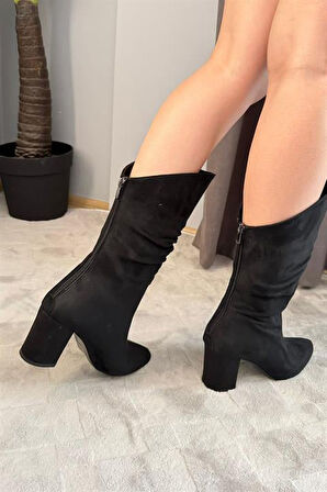 Kadın Saşa Körüklü Arkadan Fermuarl Kalın Topuklu Sivri Burun Orta Boy Çizme