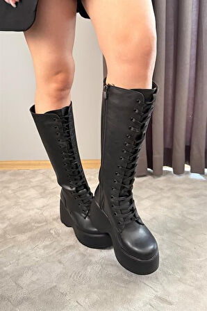 Kadın Bellina Siyah Cilt Bağcık Detaylı Fermuarlı 9 cm Topuklu Platfomlu Çizme