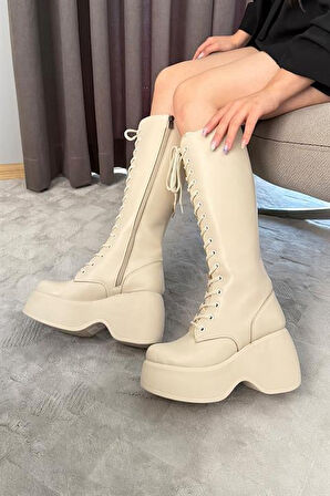 Kadın Bej Cilt Bağcık Detaylı Fermuarlı 9 cm Topuklu Platfomlu Çizme