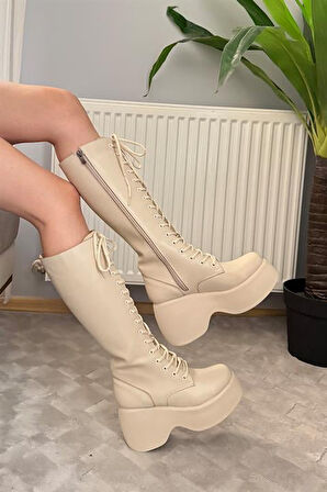 Kadın Bej Cilt Bağcık Detaylı Fermuarlı 9 cm Topuklu Platfomlu Çizme