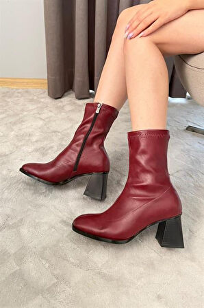 Kadın Marina Bordo Bot 7 cm Kalın Topuklu Streç Boots