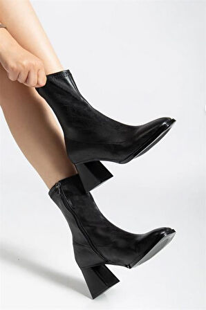 Kadın Marina Siyah Bot 7 cm Kalın Topuklu Streç Boots
