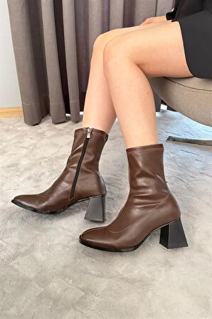 Kadın Kahverengi Bot 7 cm Kalın Topuklu Streç Boots