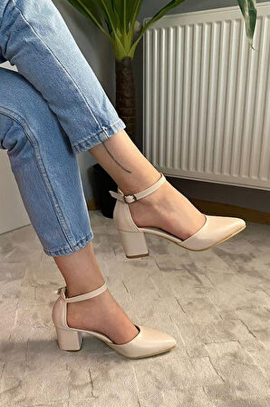 Kadın Gaya Krem Cilt 6 cm Topuklu Bilekten Bağlamalı Yanları Acık Ayakkabı