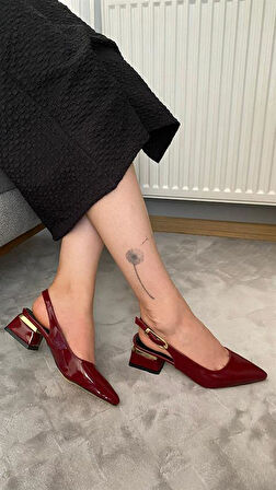 Kadın Karmi Bordo Rugan Arkası Acık Sivri Burun 4 cm Kalın Topuklu Ayakkabı