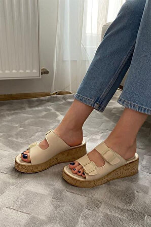 Kadın Bej Çift Bant Kalın Mantar Taban Ortopedik Sandalet Terlik K-270