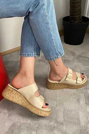 Kadın Bej Çift Bant Kalın Mantar Taban Ortopedik Sandalet Terlik K-270