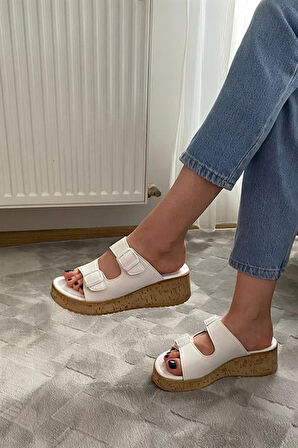 Kadın Beyaz Çift Bant Kalın Mantar Taban Ortopedik Sandalet Terlik K-270