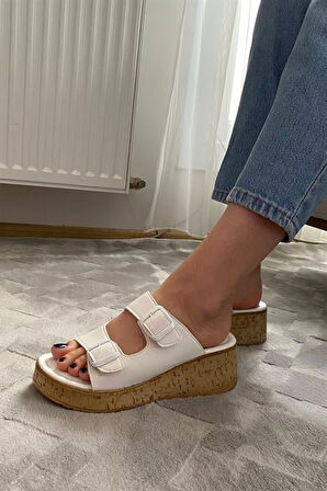 Kadın Beyaz Çift Bant Kalın Mantar Taban Ortopedik Sandalet Terlik K-270