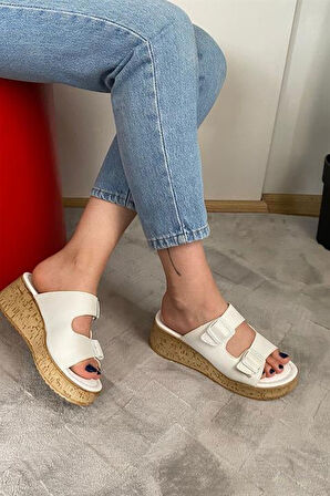 Kadın Beyaz Çift Bant Kalın Mantar Taban Ortopedik Sandalet Terlik K-270