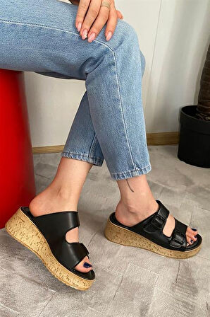 Kadın Siyah Çift Bant Kalın Mantar Taban Ortopedik Sandalet Terlik K-270