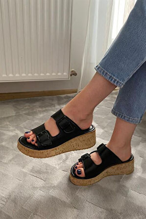 Kadın Siyah Çift Bant Kalın Mantar Taban Ortopedik Sandalet Terlik K-270