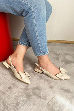 Krem Cilt Fiyoklu Arkası Acık 2 cm Topuklu Sivri Burun Babet