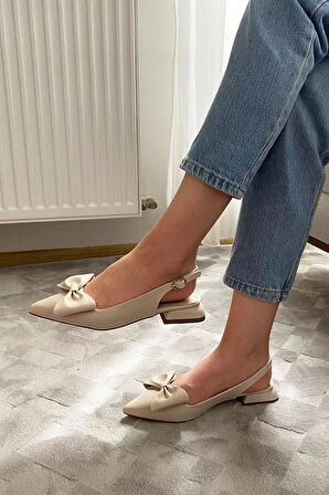 Krem Cilt Fiyoklu Arkası Acık 2 cm Topuklu Sivri Burun Babet