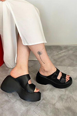 Kadın Oliver Siyah İki Tokalı Kalın Taban Ortopedik Sandalet K-3040