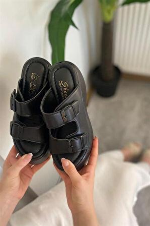 Kadın Oliver Siyah İki Tokalı Kalın Taban Ortopedik Sandalet K-3040