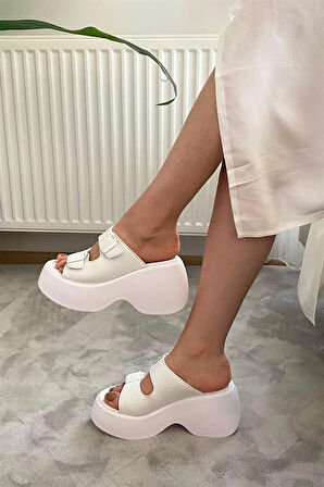 Kadın Beyaz İki Tokalı Kalın Taban Ortopedik Sandalet K-3040