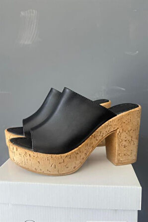 Kadın Oven Siyah Cilt 10 cm Platfom Topuklu Mantar Taban Terlik K-850