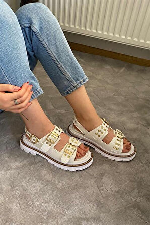 Kadın Beyaz Cilt Çift Bantlı Kabsül ve Vardola Deyatlı  Kalın Taban Ortopedik  Sandalet  K-120