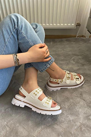 Kadın Beyaz Cilt Çift Bantlı Kabsül ve Vardola Deyatlı  Kalın Taban Ortopedik  Sandalet  K-120