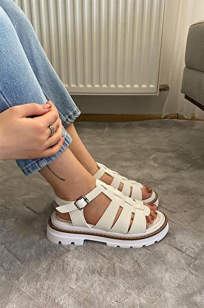 Kadın Beyaz Kafes Model Vardola Deyatlı  Kalın Taban Ortopedik  Sandalet  K-140