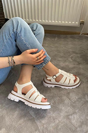 Kadın Beyaz Kafes Model Vardola Deyatlı  Kalın Taban Ortopedik  Sandalet  K-140