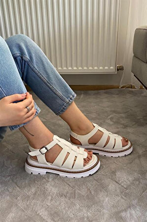 Kadın Beyaz Kafes Model Vardola Deyatlı  Kalın Taban Ortopedik  Sandalet  K-140