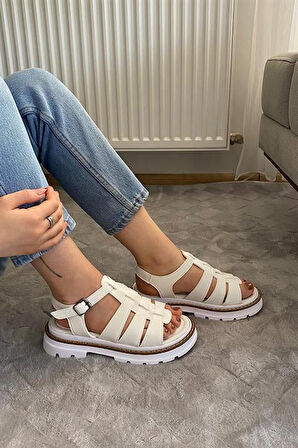 Kadın Beyaz Kafes Model Vardola Deyatlı  Kalın Taban Ortopedik  Sandalet  K-140