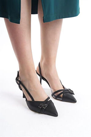 Kadın Arina Siyah Cilt 9 Cm İnce Topuklu Sivri Burunlu Yanları Acık Stiletto
