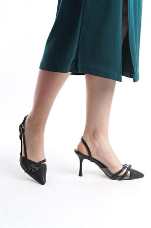 Kadın Arina Siyah Cilt 9 Cm İnce Topuklu Sivri Burunlu Yanları Acık Stiletto