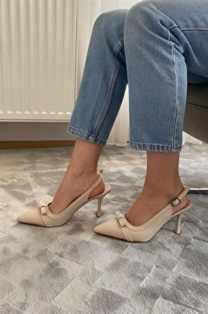 Kadın Madame Krem Cilt Fiyonk Detaylı Arkası Acık 9 cm İnce Topuklu Ayakkabı