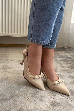 Kadın Madame Krem Cilt Fiyonk Detaylı Arkası Acık 9 cm İnce Topuklu Ayakkabı