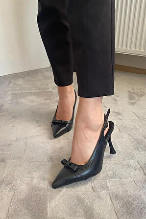 Kadın Madame Siyah Cilt Fiyonk Detaylı Arkası Acık 9 cm İnce Topuklu Ayakkabı