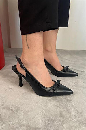 Kadın Madame Siyah Cilt Fiyonk Detaylı Arkası Acık 9 cm İnce Topuklu Ayakkabı