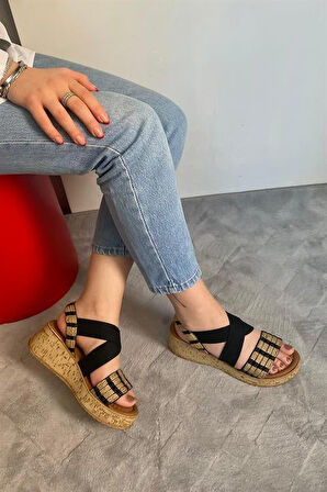 Kadın Siyah Hasır Detaylı Lastilki Kalın Mantar Taban Ortopedik  Sandalet  K-220